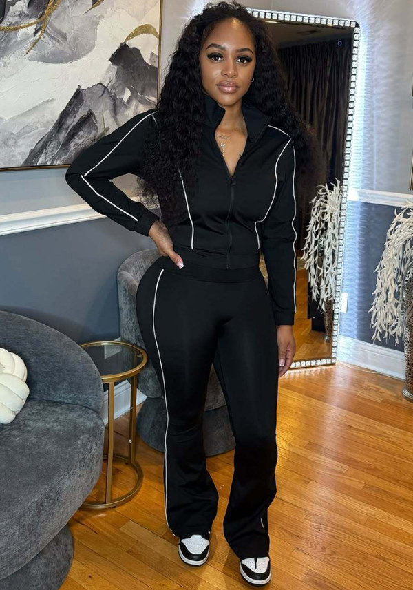 Women Stand Collar Zipper Top and Bell Bottom Pants Stretchy Two-Piece Set