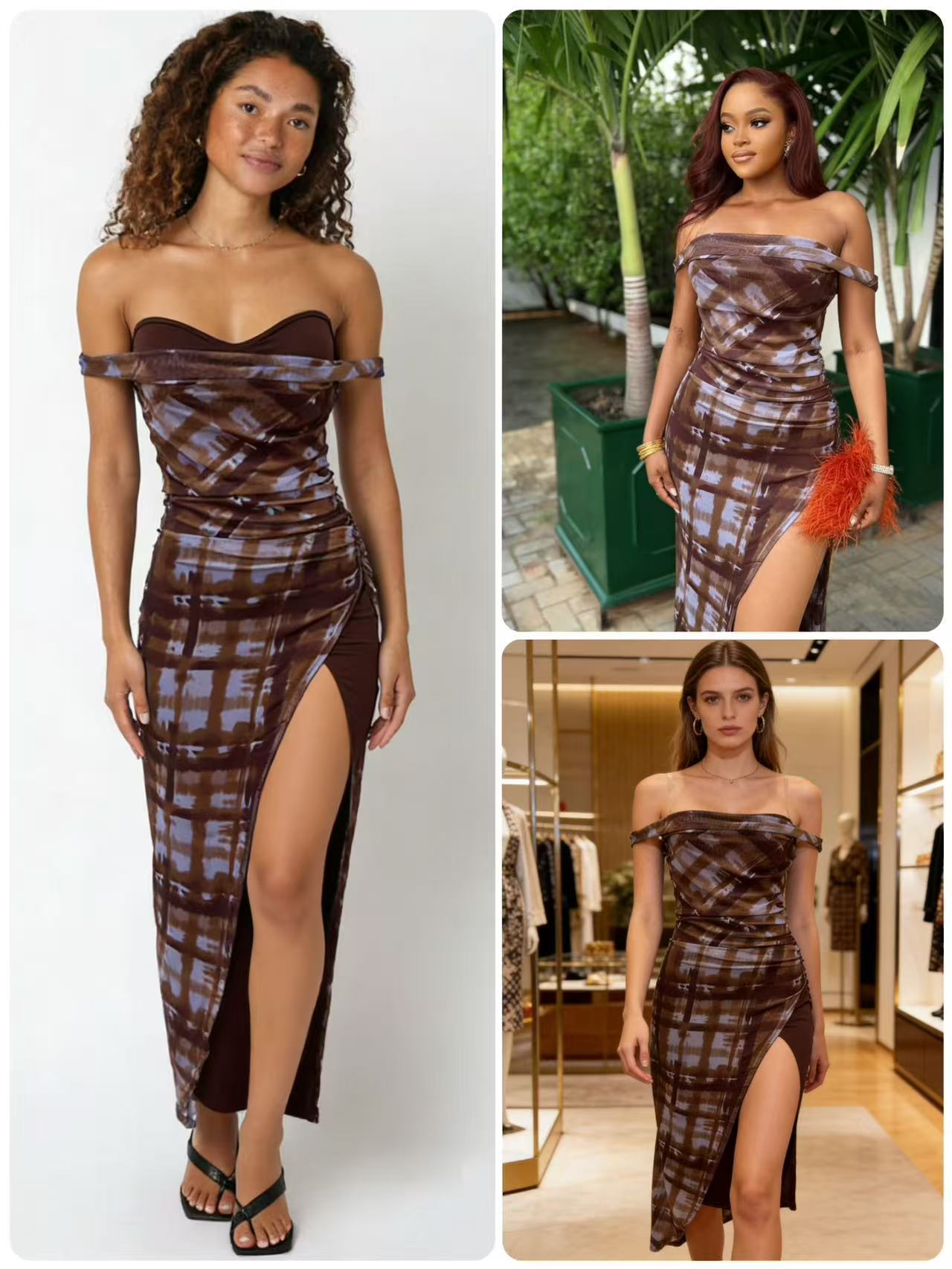 Plaid Off-Shoulder Backless Maxi Dress for Summer