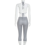 Women Halter Neck Long-Sleeved Top Bra and Striped Capri Pants 3-Piece Set