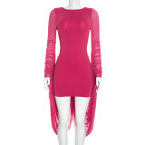 Women Autumn Solid Boat Neck Mesh Gathered Ribbon Long-Sleeved Bodycon Dress