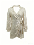 Women Sequin Lace-Up Long-Sleeve Formal Party Dress
