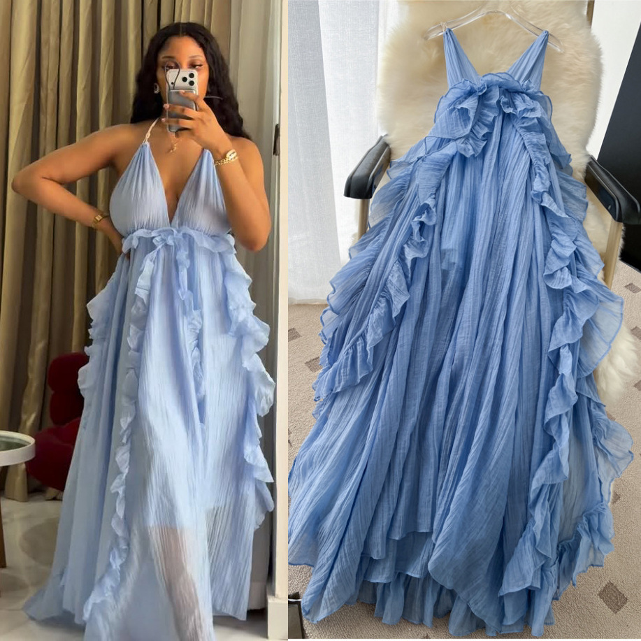 Blue Camisole Ruffled Maxi Dress for Summer Holidays