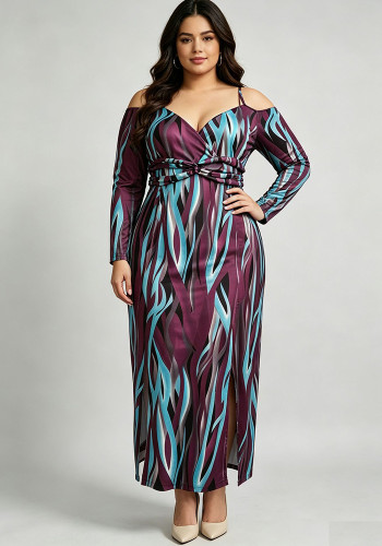 Plus Size Women Sexy Slit V-Neck Off-Shoulder Dress