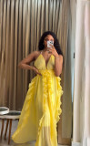 Women Holidays Blue Camisole Summer Ruffled Maxi Dress