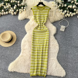 Women Striped V-Neck Sleeveless Knitting Summer Maxi Dress