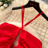 Women Beach Holidays Red Beach Dress French Halter Neck Strap Dress