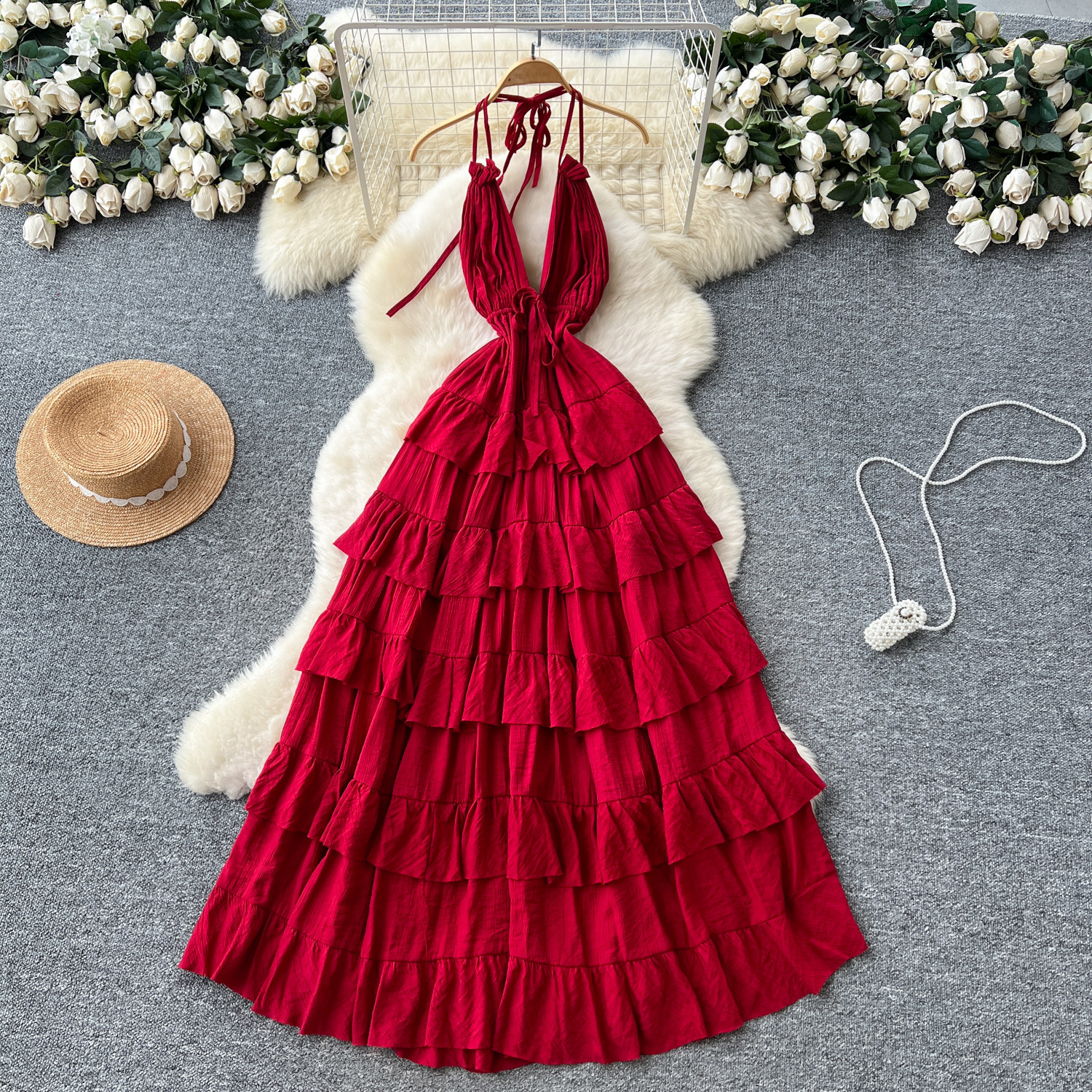 Halter V-Neck Lace-Up Strap Dress for Summer