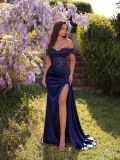 Women Navy Blue Off-Shoulder Strapless Mermaid Lace Waist Slit Train Formal Party Evening Dress