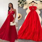Women Beach Holidays Red Beach Dress French Halter Neck Strap Dress
