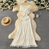Women Off-Shoulder Lace Patchwork Knitting Summer Sleeveless Maxi Dress