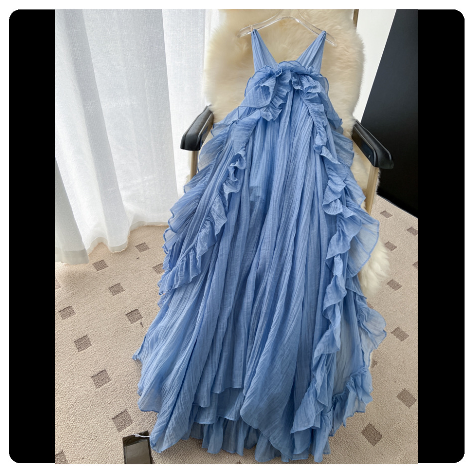 Blue Camisole Ruffled Maxi Dress for Summer Holidays