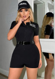 Women Black Short-Sleeved Printed Belt Police Hat Female Police Officer Role-Playing Uniform Lingerie Two-Piece Set