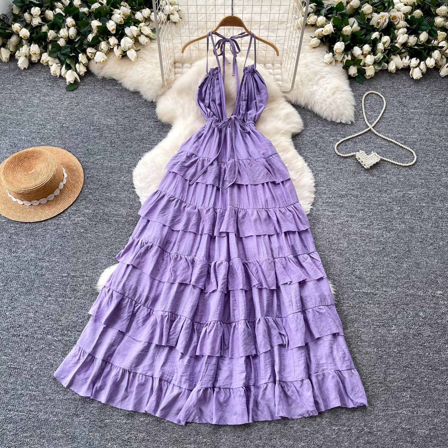 Halter V-Neck Lace-Up Strap Dress for Summer
