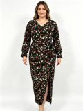 Plus Size Women Spring/Autumn Long-Sleeved Floral Slit Dress