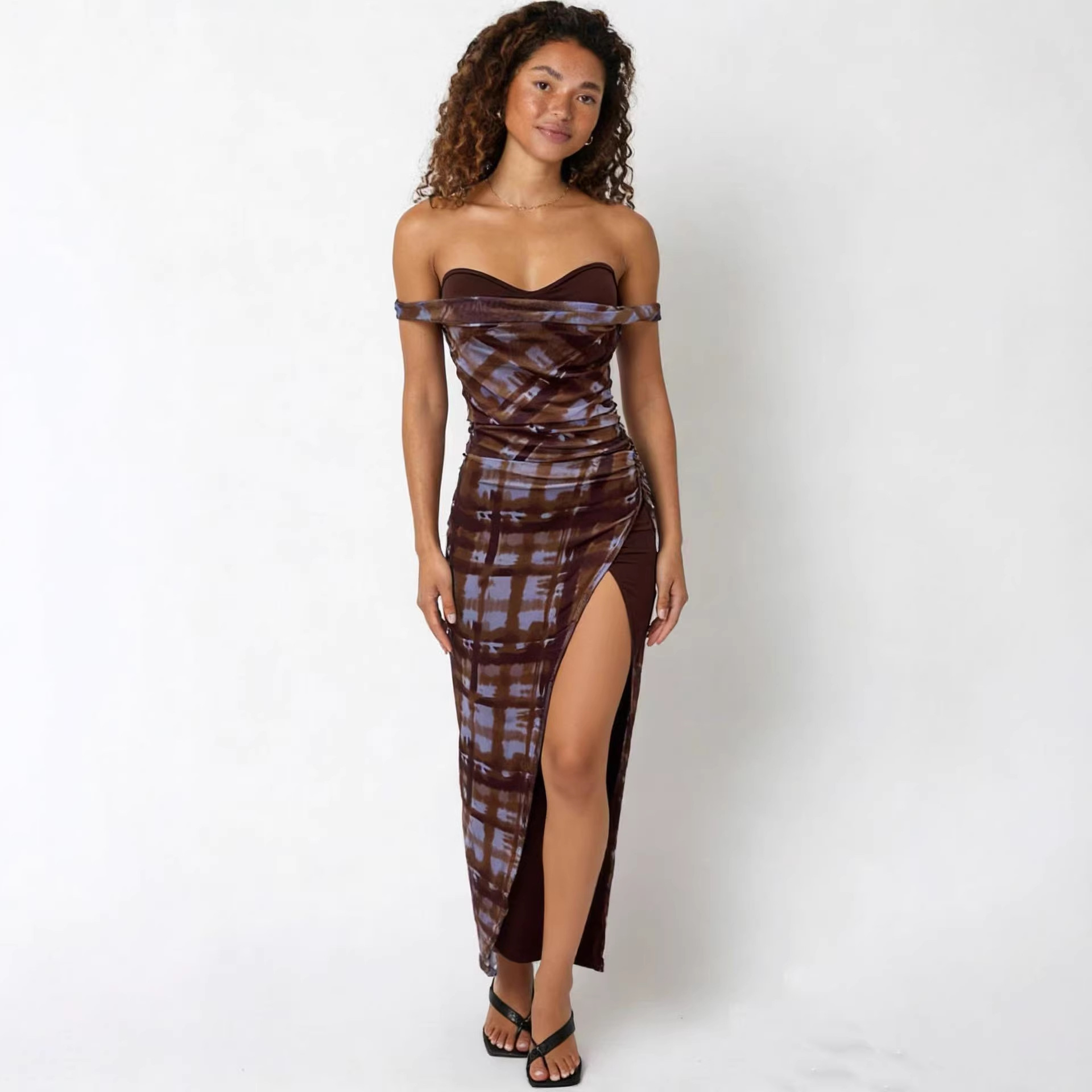 Plaid Off-Shoulder Backless Maxi Dress for Summer