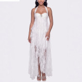 Women Halter Neck Strapless Rhinestone Irregular Holidays Dress