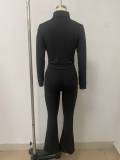 Women Stand Collar Zipper Top and Bell Bottom Pants Stretchy Two-Piece Set