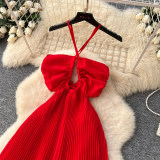 Women Beach Holidays Red Beach Dress French Halter Neck Strap Dress