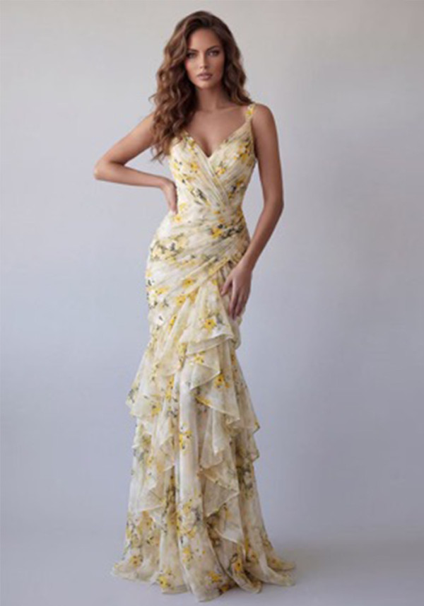 Women Printed Irregular Slit Strap Dress