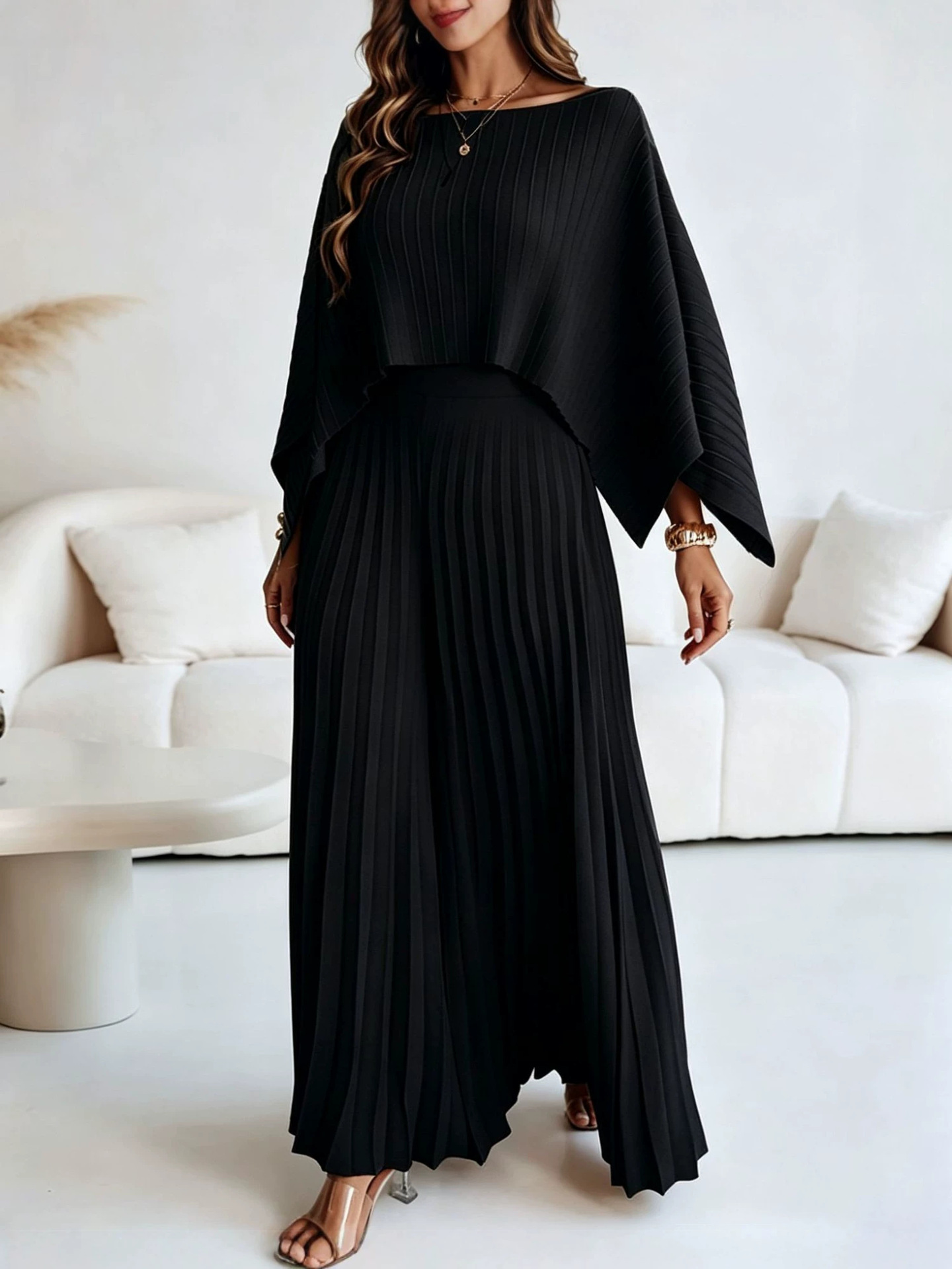 Cape Cover-Up Strapless Top & Wide-Leg Pants Three-Piece Set