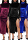 Women High Neck Slit Formal Party Metal Chain Pleated Dress