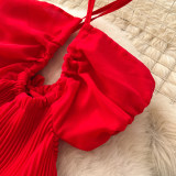 Women Beach Holidays Red Beach Dress French Halter Neck Strap Dress