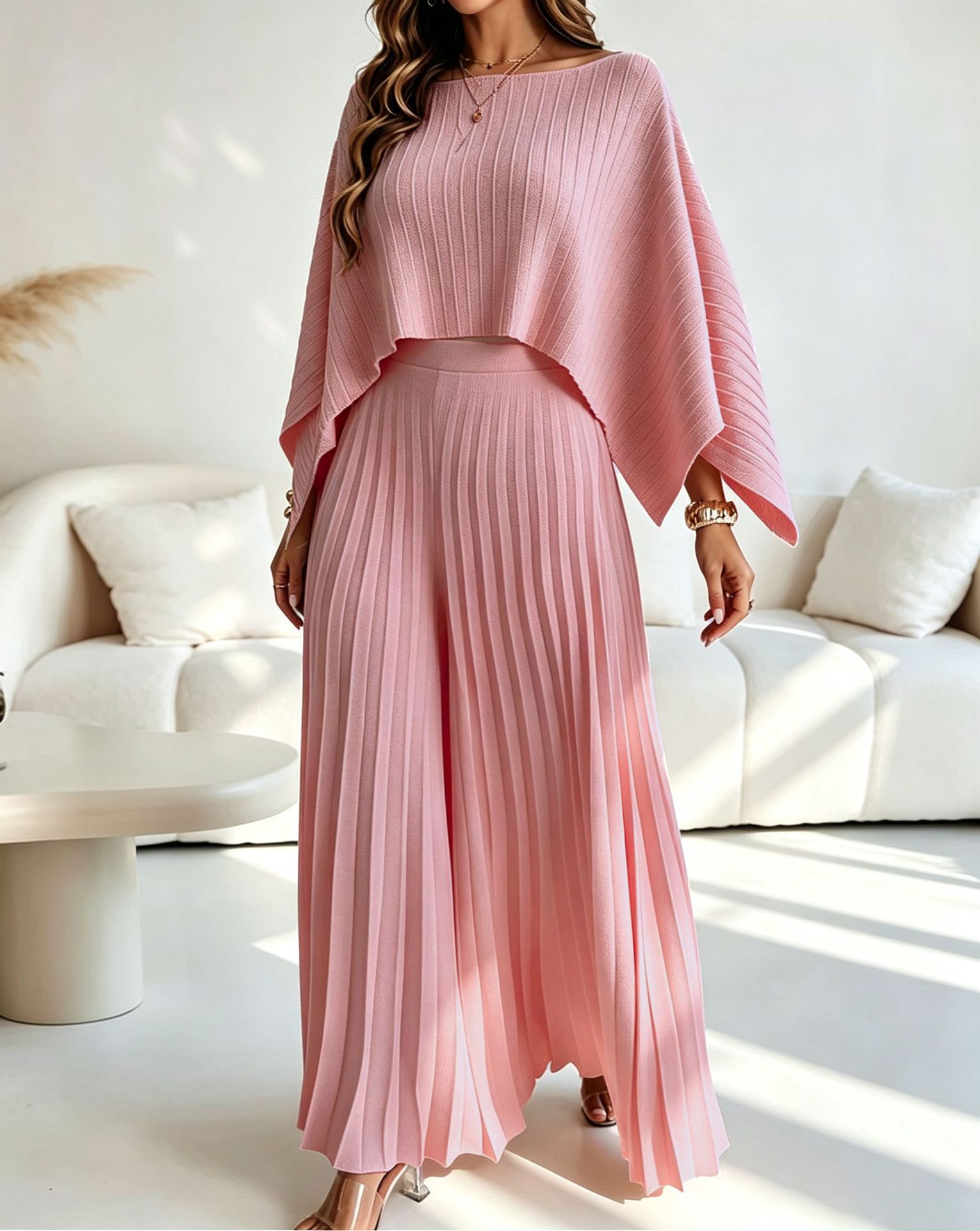 Cape Cover-Up Strapless Top & Wide-Leg Pants Three-Piece Set