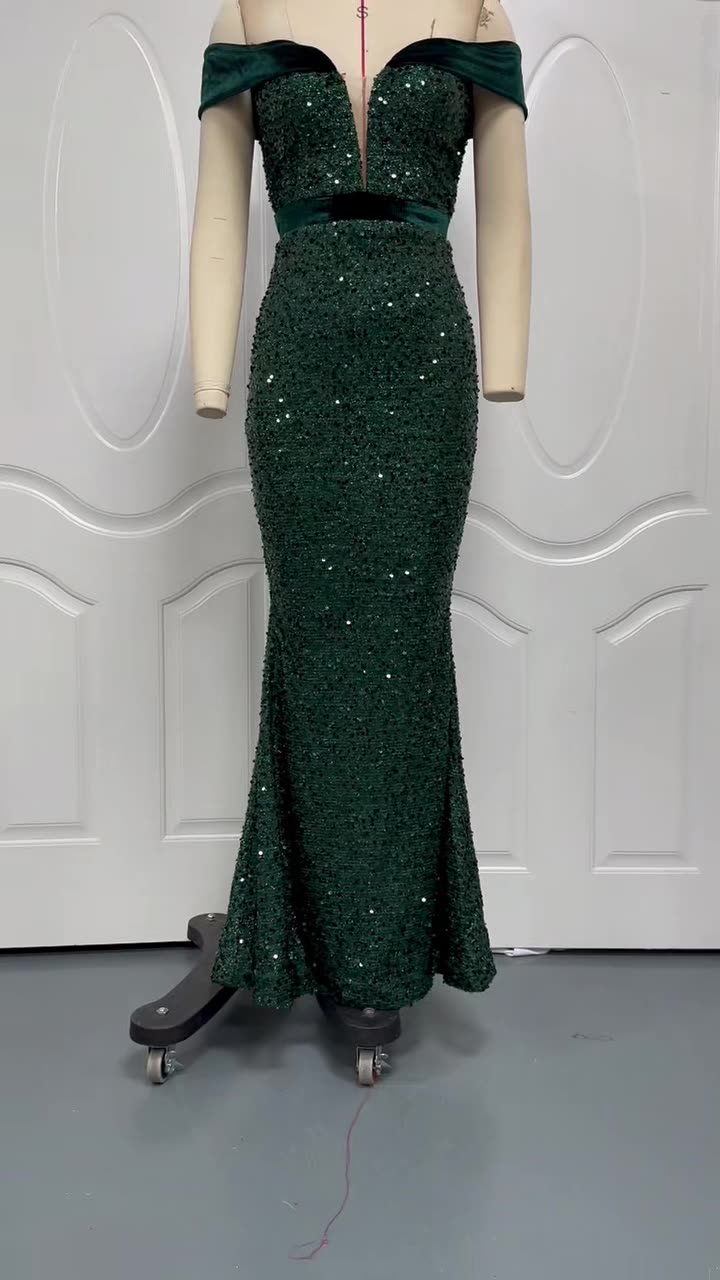 Solid Sequin Off-Shoulder Slit Evening Dress for Parties