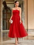 Women Red Off-Shoulder Strapless Mesh Maxi Dress