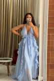 Women Holidays Blue Camisole Summer Ruffled Maxi Dress