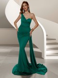 Women Formal Party Bridesmaid Dress One-Shoulder Long Train Backless Dresses