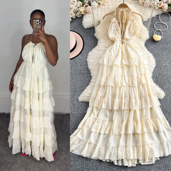 Halter V-Neck Lace-Up Strap Dress for Summer