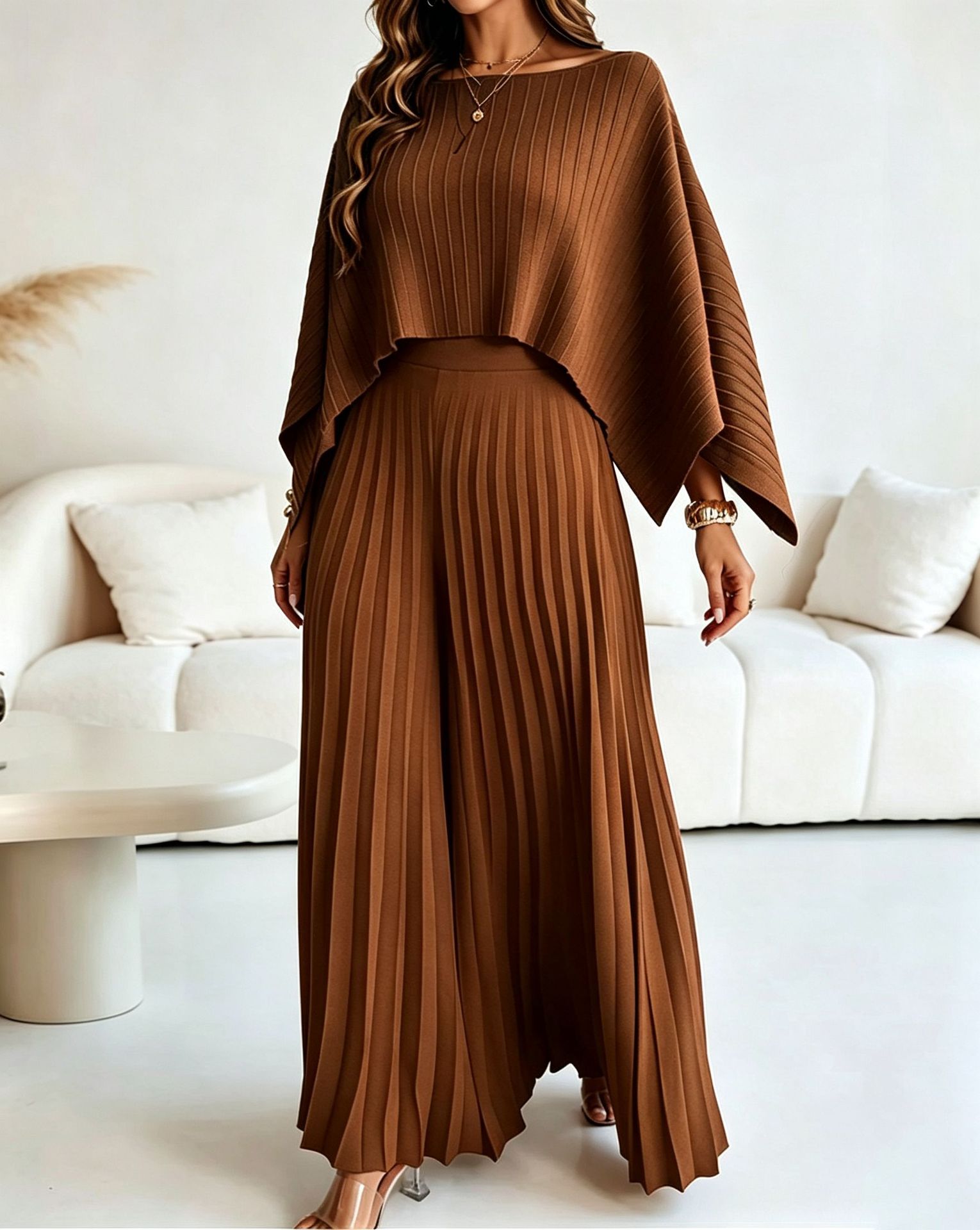 Cape Cover-Up Strapless Top & Wide-Leg Pants Three-Piece Set