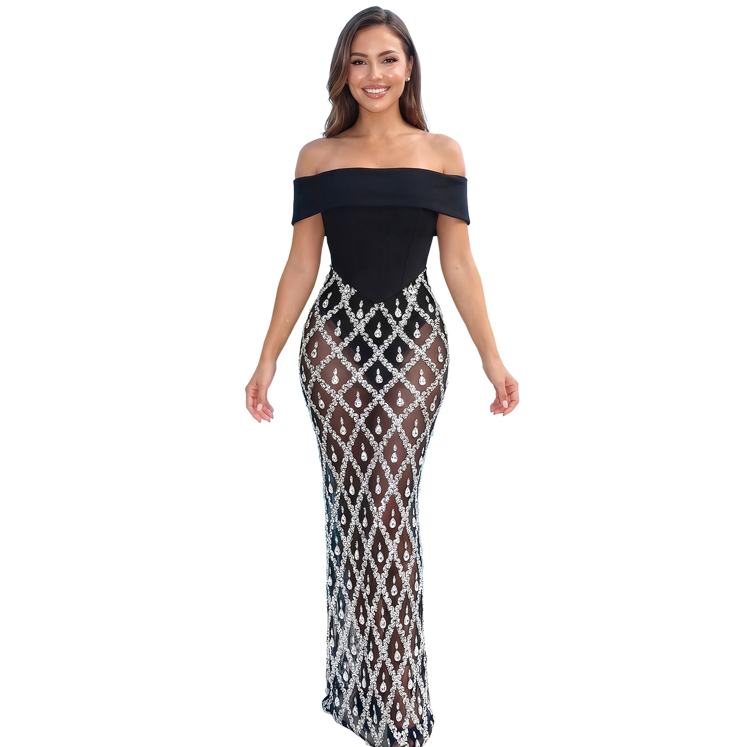 Off-Shoulder Strapless Fishtail Beaded Dress for Evening Parties