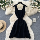 Women French White Sleeveless Knitting Summer Hollow-Out Dress