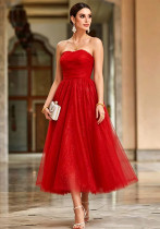 Women Red Off-Shoulder Strapless Mesh Maxi Dress Women Red Off-Shoulder Strapless Mesh Maxi Dress