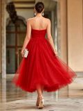Women Red Off-Shoulder Strapless Mesh Maxi Dress