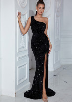 Women Sexy Sequined One-Shoulder Slit Evening Dress Women Sexy Sequined One-Shoulder Slit Evening Dress