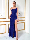 Women Sequined Sleeveless Slit One-Shoulder Sexy Evening Dress