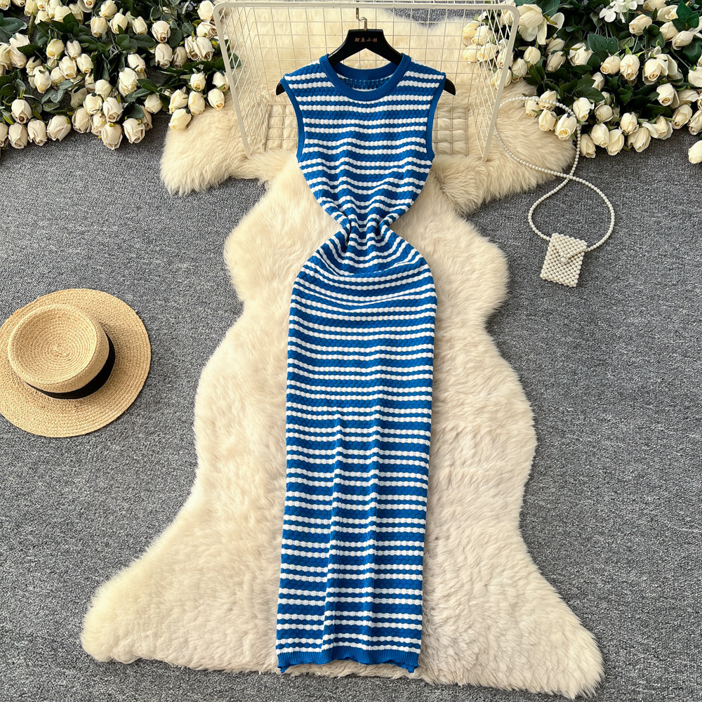 Striped Knitted V-Neck Sleeveless Maxi Dress for Summer