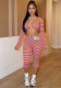 Women Halter Neck Long-Sleeved Top Bra and Striped Capri Pants 3-Piece Set