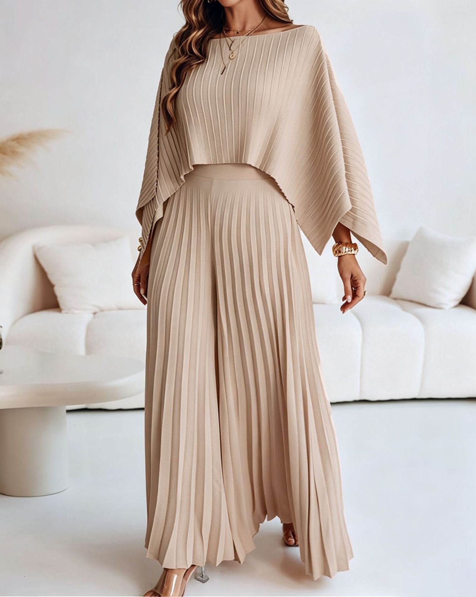 Cape Cover-Up Strapless Top & Wide-Leg Pants Three-Piece Set