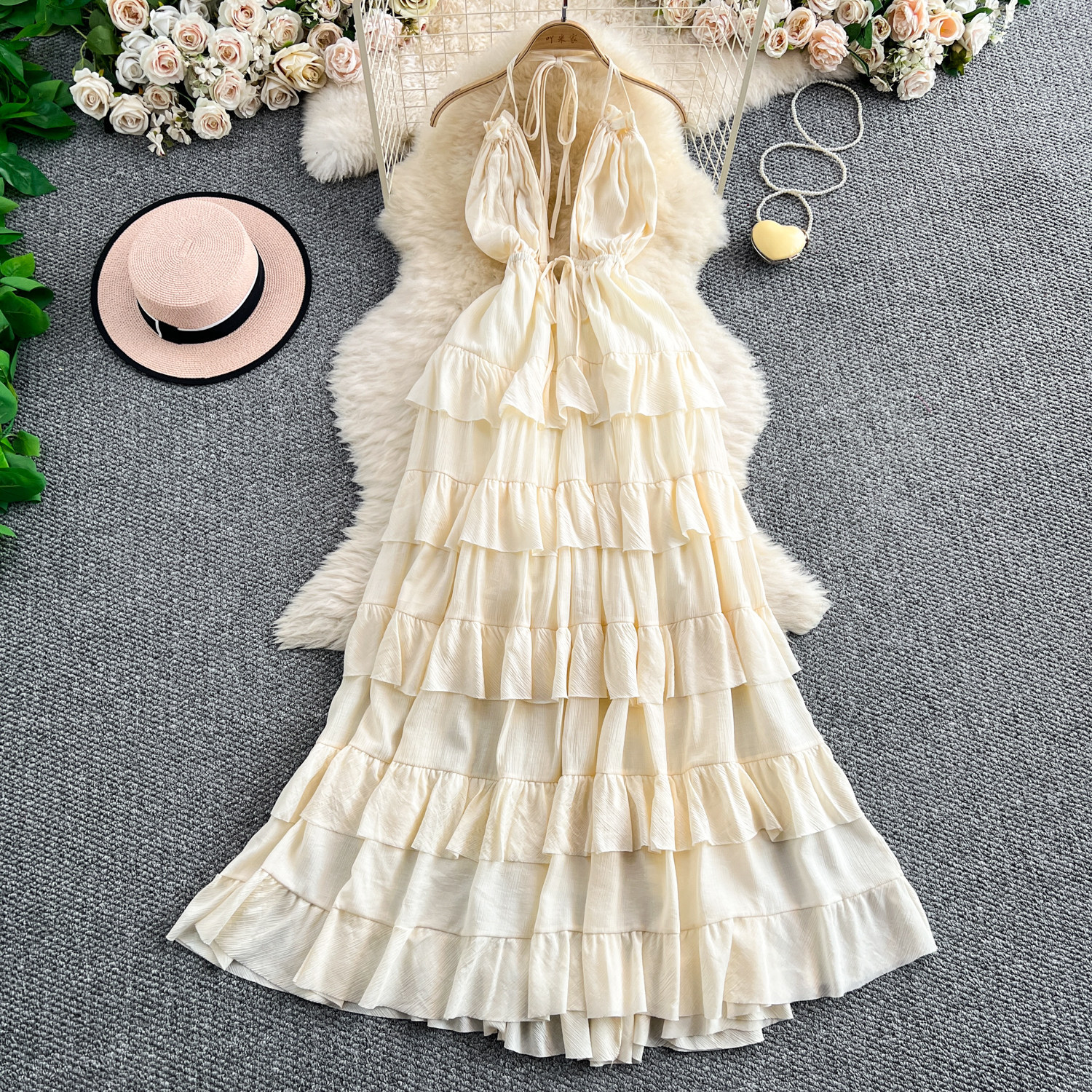 Halter V-Neck Lace-Up Strap Dress for Summer