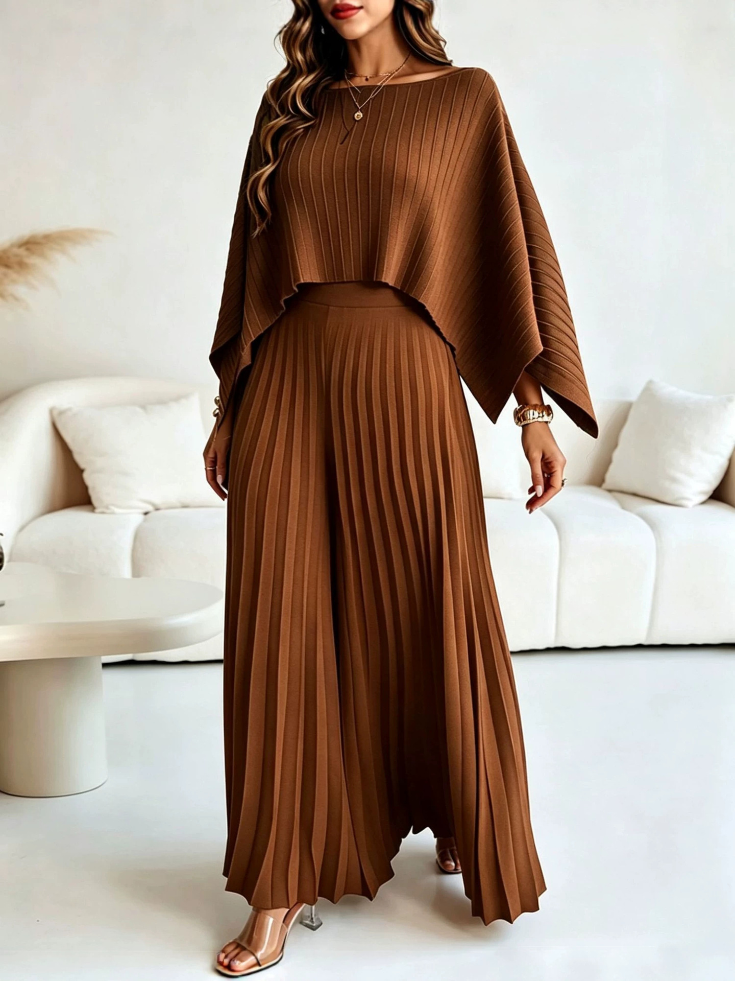 Cape Cover-Up Strapless Top & Wide-Leg Pants Three-Piece Set