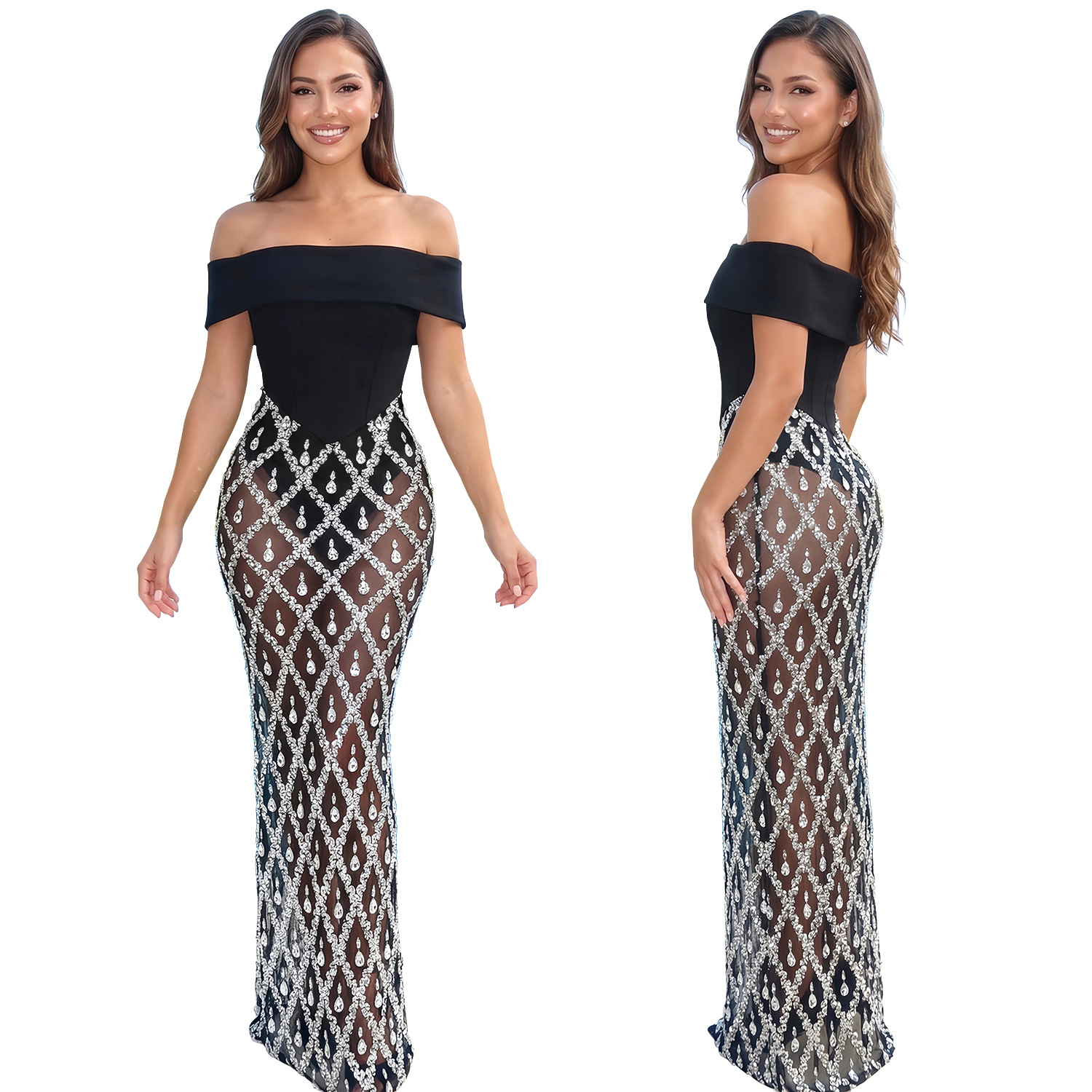 Off-Shoulder Strapless Fishtail Beaded Dress for Evening Parties