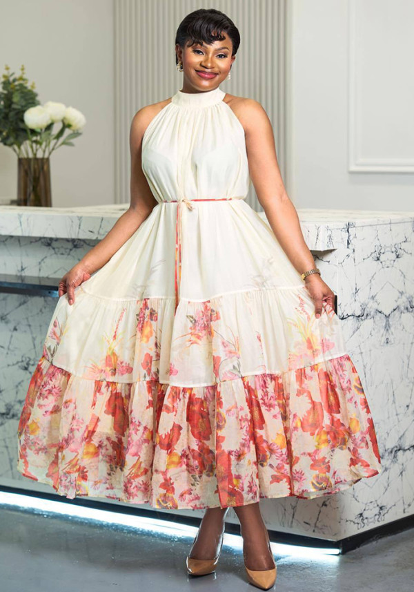 Women French Holidays Sleeveless Halter Neck Floral Spring/Summer Maxi Dress