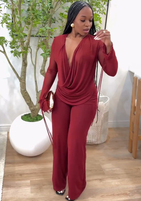 Women African Long-Sleeved Sexy Halter Neck Top and Pant Two-Piece Set