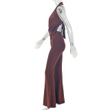 Women Halter Neck Pleated Halter Neck Solid Bell Bottom Jumpsuit