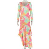 Women Color Block U-Neck Long-Sleeve Bodycon Dress