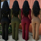 Women Ribbed Hollow-Out Long-Sleeve Casual Bell Bottom Jumpsuit